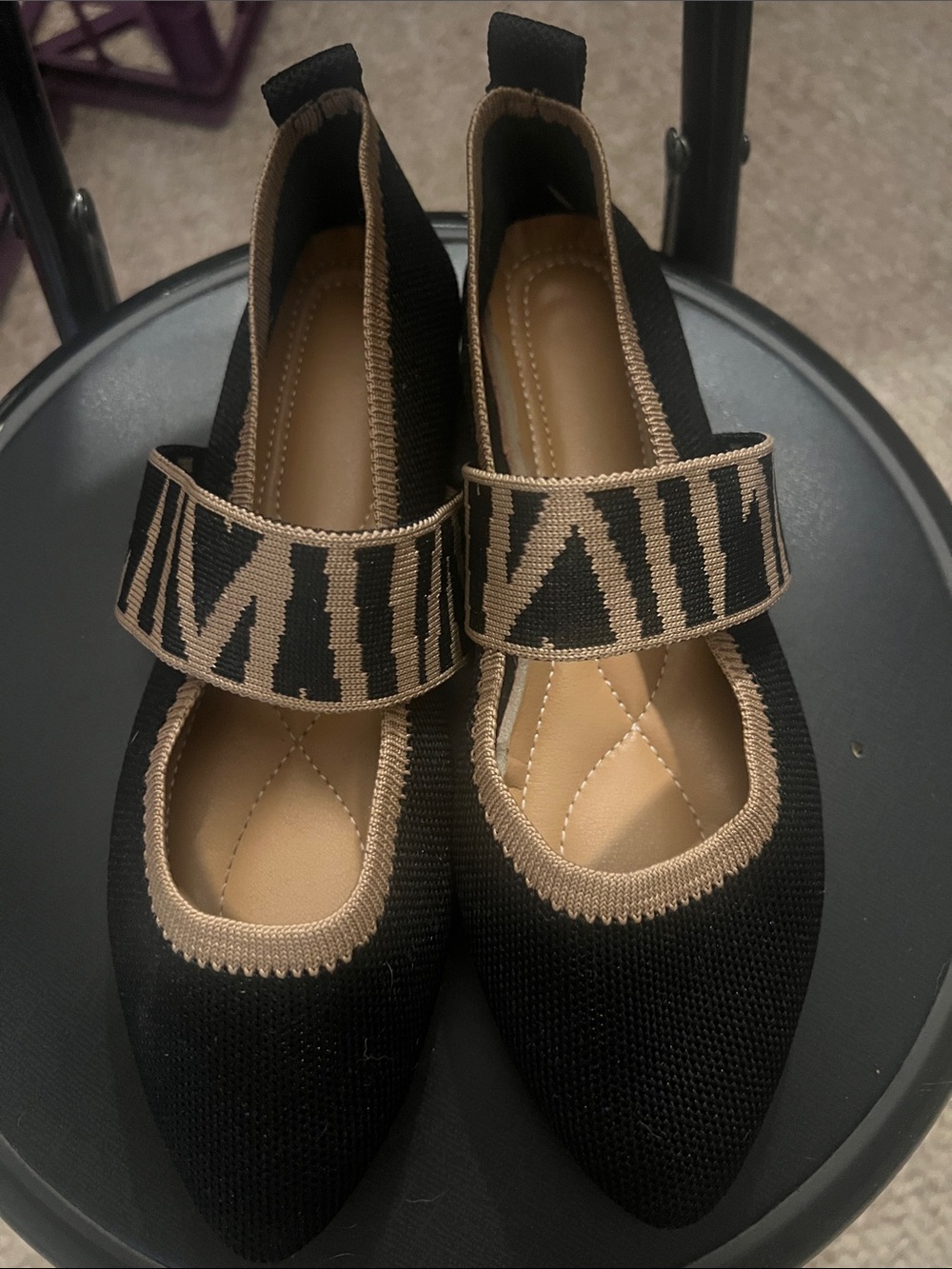 Black Knit Mary Jane Flats with Tan Trim and Patterned Strap